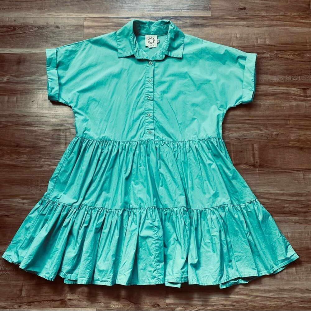 LILI SIDONIO S Green A-Line Tiered Swing Dress Poplin Cotton Preppy Cottagecore